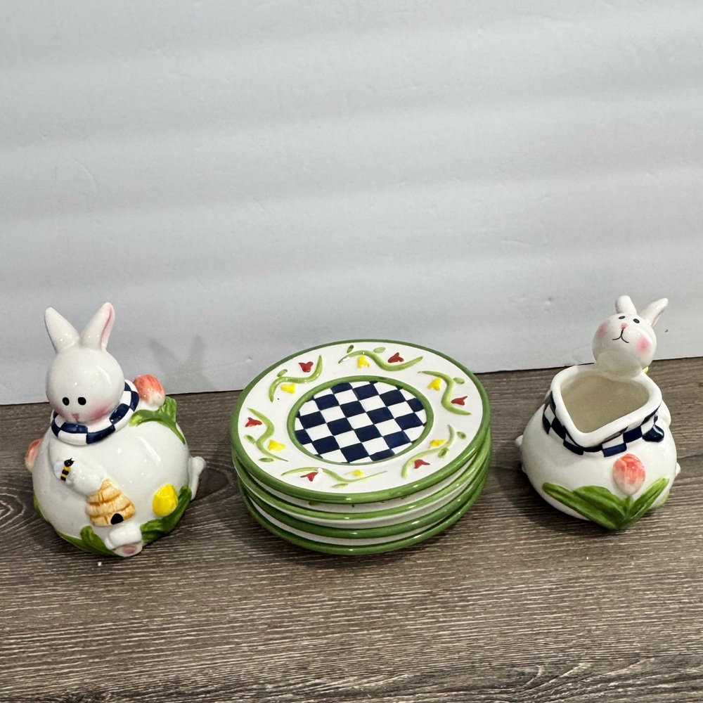 Vintage Mercuries Easter Bunny Springtime Tea Plates Creamer / Sugar 1990s